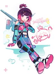Rule 34 | 1girl, absurdres, animification, apex legends, blue pants, brown hair, clothing cutout, crossed legs, eyewear on head, fluorescent tech valkyrie, food, gloves, highres, holding, jetpack, multicolored hair, official alternate costume, pants, pink eyes, pink gloves, pink hair, ponytail, popsicle, shoulder cutout, sitting, smile, solo, streaked hair, sunglasses, valkyrie (apex legends), yuuu (maruunaka)