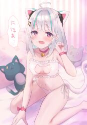 Rule 34 | admi (nikke), ahoge, animal ears, bare legs, bare shoulders, barefoot, bell, blue hair, blush, bra, breasts, cat cutout, cat ear panties, cat ears, cat girl, cat lingerie, cat tail, choker, cleavage cutout, clothing cutout, collarbone, commentary request, frilled bra, frills, goddess of victory: nikke, grey hair, gucchiann, hand up, highres, jingle bell, looking at viewer, medium breasts, meme attire, multicolored hair, neck bell, open mouth, panties, paw pose, purple eyes, red choker, side-tie panties, sitting, streaked hair, stuffed animal, stuffed cat, stuffed toy, tail, translation request, underwear, underwear only, wariza, white bra, white panties