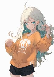Rule 34 | 1girl, ahoge, black shorts, breasts, chinese commentary, closed mouth, commentary, cowboy shot, green eyes, grey hair, herfstijl, highres, long hair, long sleeves, looking at viewer, medium breasts, orange shirt, original, shirt, short shorts, shorts, simple background, solo, white background