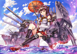 Rule 34 | 10s, 1girl, black legwear, boots, breasts, brown eyes, brown hair, cannon, cherry blossoms, crazypen, detached sleeves, flower, giant, giantess, hair flower, hair ornament, high heel boots, high heels, hip vent, kantai collection, large breasts, long hair, machinery, miniskirt, ocean, oil-paper umbrella, orca, ponytail, signal flag, sitting, skirt, smile, solo, tassel, turret, umbrella, very long hair, water, yamato (kancolle)