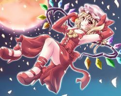 Rule 34 | 1girl, apple, armpits, blonde hair, dress, elbow gloves, fang, female focus, flandre scarlet, food, fruit, gloves, highres, hiiragi tomoka, holding, holding food, holding fruit, moon, red eyes, solo, touhou, wings