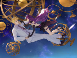 Rule 34 | 1boy, 1girl, absurdres, bare shoulders, belt, black dress, blonde hair, blur censor, breasts, buttoned cuffs, buttons, censored, cleavage, collared shirt, constellation, dress, elbow gloves, floating, formal, full body, gemini (constellation), gloves, hair strand, high heels, highres, holding hands, jojo no kimyou na bouken, kira yoshikage, long hair, necktie, original, pants, purple eyes, purple hair, sample watermark, shirt, space, star (sky), suit, very long hair, watermark, white pants, white suit, yanjian1234