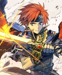 Rule 34 | 1boy, armor, belt, blue cape, blue eyes, blue gloves, blue headband, cape, closed mouth, commentary request, dated, fingerless gloves, fire emblem, fire emblem: the binding blade, gloves, headband, holding, holding weapon, looking at viewer, male focus, nijihayashi, nintendo, orange cape, orange hair, roy (fire emblem), short hair, signature, solo, sword, two-tone cape, weapon