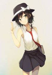 Rule 34 | 1girl, adapted costume, armpits, black skirt, blush, book, bow, brown hair, closed mouth, collared shirt, cowboy shot, fedora, fumei (mugendai), grey background, hair bow, hand up, hat, hat bow, head tilt, holding, holding book, looking at viewer, medium skirt, miniskirt, necktie, red necktie, shirt, short hair, simple background, skirt, sleeveless, sleeveless shirt, smile, solo, touhou, usami renko, white bow, white shirt, wing collar, yellow eyes