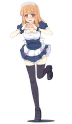 Rule 34 | 10s, 1girl, alternate costume, black thighhighs, blue dress, blue footwear, blunt bangs, bow, breasts, cleavage, dress, enmaided, full body, girls und panzer, heart, heart hands, large bow, long hair, looking at viewer, maid, maid headdress, mary janes, matching hair/eyes, medium breasts, open mouth, orange eyes, orange hair, puffy short sleeves, puffy sleeves, shoes, short dress, short sleeves, simple background, smile, solo, srwsrx (gp03dsrx), standing, standing on one leg, takebe saori, thighhighs, underbust, white background, white bow, wrist cuffs, zettai ryouiki