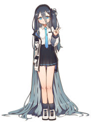 Rule 34 | 1girl, absurdly long hair, aris (blue archive), black hair, black hairband, black skirt, blue archive, blue eyes, blush, bright pupils, collared shirt, full body, hair between eyes, hairband, jacket, long hair, long sleeves, looking at viewer, mountain han, multicolored clothes, multicolored jacket, necktie, one side up, pleated skirt, shirt, simple background, skirt, smile, solo, tie clip, v, very long hair, white background, white pupils, white shirt