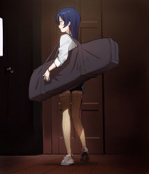 Rule 34 | 1girl, a1 (initial-g), alternate costume, bag, blue hair, bracelet, commentary request, duffel bag, facing to the side, full body, highres, jewelry, long hair, long sleeves, love live!, love live! school idol project, ribbed legwear, shirt, shoes, shorts, sleeves rolled up, smile, sneakers, solo, sonoda umi, swept bangs, thighhighs, white shirt, yellow eyes, yellow thighhighs
