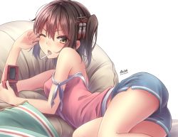 Rule 34 | 10s, 1girl, alternate costume, ass, bare shoulders, blush, breasts, brown eyes, brown hair, camisole, candy, casual, cigarette, eyebrows, food, game console, hair between eyes, hair ornament, handheld game console, holding, kantai collection, lollipop, looking at viewer, lying, medium breasts, morigami (morigami no yashiro), mouth hold, nintendo, nintendo 3ds, on side, one eye closed, open mouth, pillow, playing games, sendai (kancolle), short hair, shorts, simple background, sleeveless, solo, strap slip, tassel, two side up, white background
