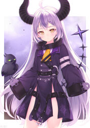 Rule 34 | 1girl, ahoge, aid!, black coat, black horns, blush, braid, braided bangs, coat, collar, cowboy shot, crow (la+ darknesss), cuffs, demon girl, demon horns, double-parted bangs, grey hair, highres, hololive, horns, la+ darknesss, la+ darknesss (1st costume), long hair, looking at viewer, multicolored hair, neckerchief, parted lips, pelvic curtain, purple hair, side slit, sleeves past fingers, sleeves past wrists, slit pupils, solo, streaked hair, striped horns, tail, very long hair, virtual youtuber, yellow eyes, yellow neckerchief