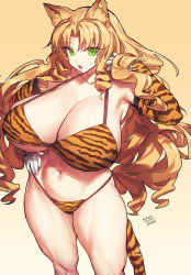 Rule 34 | 1girl, 2022, alternate breast size, alternate costume, animal ears, animal print, arknights, bare shoulders, bikini, blonde hair, blush, boots, bow, breasts, chinese zodiac, cleavage, commentary, cowboy shot, cropped legs, curly hair, drill hair, fake tail, female focus, full body, gloves, green eyes, groin, hand on own hip, high heel boots, high heels, highres, huge breasts, leotard, long hair, looking at viewer, melon22, multiple girls, muscular, muscular female, navel, orange bow, parted bangs, parted lips, side drill, sidelocks, simple background, solo, standing, sweatdrop, swimsuit, swire (arknights), tail, thighhighs, thighs, tiger ears, tiger girl, tiger print, tiger tail, translated, twin drills, year of the tiger