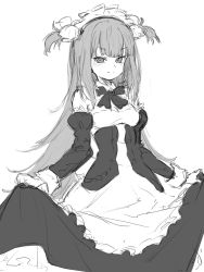 Rule 34 | 1girl, apron, azur lane, bow, bowtie, closed mouth, cowboy shot, detached sleeves, greyscale, highres, long hair, long sleeves, looking at viewer, maid, maid apron, maid headdress, monochrome, simple background, sketch, smile, solo, two side up, underbust, very long hair, wasabi60, white background