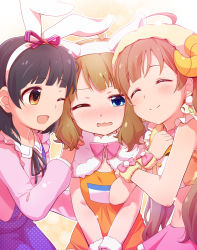 Rule 34 | 3girls, ;d, ^ ^, ahoge, animal ears, black hair, blue eyes, blush, brown eyes, brown hair, rabbit ears, closed eyes, closed mouth, commentary request, closed eyes, fake animal ears, girl sandwich, hairband, hakozaki serika, horns, idolmaster, idolmaster million live!, komore, long hair, looking at another, midriff, multiple girls, nakatani iku, navel, one eye closed, open mouth, sandwiched, sheep horns, smile, suou momoko, wavy mouth