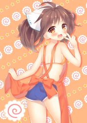 Rule 34 | 1girl, :d, absurdres, apron, ass, back, bikini, bikini top only, blush, bow, breasts, brown eyes, brown hair, food, from behind, highres, kamaboko, looking at viewer, looking back, natsume asato, nearly naked apron, open mouth, orange bikini, short hair, shorts, sideboob, small breasts, smile, solo, sound voltex, sound voltex ii infinite infection, star (symbol), swimsuit, v, yamashina kanade