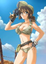 Rule 34 | 1girl, adapted costume, artist request, belt, bikini, breasts, brown hair, cleavage, cloud, crop top, day, female focus, fingerless gloves, fio germi, front-tie top, glasses, gloves, green eyes, gun, hand on own hip, handgun, hat, highres, hip focus, large breasts, legs, long hair, metal slug, navel, no bra, pinky out, ponytail, revolver, shirt, sky, solo, swimsuit, thighs, tied shirt, trigger discipline, underboob, weapon