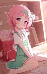 Rule 34 | 1girl, backpack, bag, barefoot, blurry, blurry background, blush, bow, braid, closed mouth, collared shirt, depth of field, dress shirt, flute, green hairband, green skirt, hair bow, hairband, head tilt, high-waist skirt, highres, indoors, instrument, long hair, looking at viewer, mimi (princess connect!), mimi (real) (princess connect!), open bag, pink eyes, pink hair, princess connect!, randoseru, recorder, setmen, shirt, shoes, short sleeves, sitting, skirt, solo, striped, striped bow, suspender skirt, suspenders, twin braids, unworn shoes, wariza, white bow, white footwear, white shirt, window, wooden floor