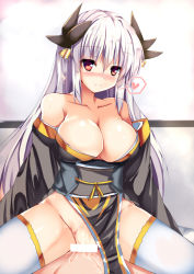 Rule 34 | 1boy, 1girl, bar censor, breasts, censored, clothed female nude male, collarbone, cowgirl position, dragon girl, dragon horns, fate/grand order, fate (series), girl on top, gold trim, grey hair, hetero, horns, japanese clothes, kiyohime (fate), kiyohime (third ascension) (fate), large breasts, long hair, multiple horns, no bra, no panties, nude, obi, pelvic curtain, pov, red eyes, ryokushiki (midori-ya), sash, solo focus, straddling, thighhighs, vaginal, very long hair, white thighhighs, wide sleeves