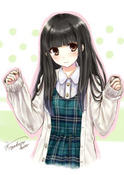 Rule 34 | 1girl, arms up, black hair, blunt bangs, blush, brown eyes, buttons, cardigan, collar, dress, jacket, kazuharu kina, long hair, long sleeves, open cardigan, open clothes, original, plaid, plaid dress, signature, simple background, smile, solo, unbuttoned, upper body