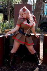 Rule 34 | belt, boots, breasts, chouzuki maryou, cleavage cutout, clothing cutout, hat, highres, hip focus, large breasts, long hair, looking at viewer, military, necktie, photo (medium), pink hair, plump, skirt, thick thighs, thighs, uniform, wide hips