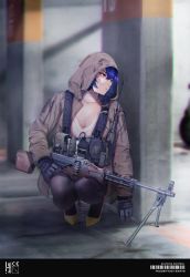 Rule 34 | 1girl, absurdres, arm at side, barcode, black gloves, black pantyhose, blue hair, blurry, blurry background, breasts, chinese commentary, cleavage, commentary request, detached collar, gloves, gun, head tilt, hiding, high heels, highres, holding, holding gun, holding weapon, hood, hood up, hooded jacket, jacket, light machine gun, long sleeves, looking afar, machine gun, open clothes, open jacket, original, pantyhose, purple eyes, rpd, shiwanmali, short hair, solo, squatting, trigger discipline, weapon, weapon request, yellow footwear