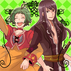 Rule 34 | 00s, 1boy, 1girl, argyle, argyle background, argyle clothes, arm up, black eyes, black hair, cropped jacket, crossover, dress, farah oersted, green background, green hair, locked arms, long hair, orange dress, sheath, sheathed, short hair, smile, sudachips, sword, tales of (series), tales of eternia, tales of vesperia, weapon, yuri lowell