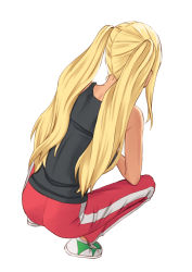 Rule 34 | 1girl, black shirt, blonde hair, dark-skinned female, dark skin, dumbbell nan kilo moteru?, easy (aqk7bdqt), facing away, full body, long hair, pants, sakura hibiki, shirt, shoes, simple background, sneakers, solo, squatting, tan, track pants, twintails, very long hair, white background