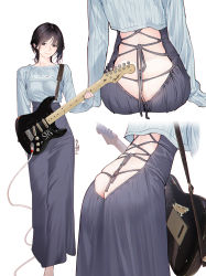 Rule 34 | 1girl, absurdres, ass, backless outfit, black eyes, black hair, blue skirt, breasts, butt crack, cross-laced clothes, cross-laced dress, electric guitar, eyeliner, fender stratocaster, guitar, guitar little sister (hitomi o), highres, hitomi o, instrument, long hair, long skirt, looking at viewer, makeup, mole, mole under mouth, multiple views, original, shirt, simple background, skirt, sleeves past wrists, smile, white background