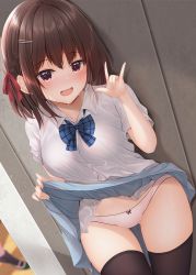 Rule 34 | 1girl, 1other, black thighhighs, blue bow, blue skirt, blush, bow, bow panties, braid, breasts, brown hair, clothes lift, collared shirt, dress shirt, fox shadow puppet, hair bow, hair ornament, hairclip, hand up, lifted by self, looking at viewer, medium breasts, minato ojitan, open mouth, original, panties, plaid, plaid bow, pleated skirt, red bow, red eyes, school uniform, shirt, skirt, skirt lift, solo focus, thighhighs, underwear, wet, white panties, white shirt