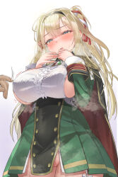 Rule 34 | 1girl, aiguillette, azur lane, black cape, blonde hair, blue eyes, blush, breasts, cape, center frills, commentary request, covered erect nipples, covered navel, dress, epaulettes, frills, garter straps, gorizia (azur lane), green dress, groin, hair between eyes, hair ribbon, hairband, hands up, highres, kurubushi no katamari, large breasts, long hair, long sleeves, nipple stimulation, nipple tweak, no panties, parted lips, red cape, ribbon, shirt, sideboob, sidelocks, simple background, solo focus, standing, steaming body, sweat, two-sided cape, two-sided fabric, two side up, white background, white shirt