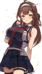 Rule 34 | 1girl, ahoge, artist name, black skirt, blush, breasts, brown hair, chest harness, cosplay, cowboy shot, harness, kantai collection, kongou (kancolle), large breasts, long hair, looking at viewer, necktie, parted lips, pleated skirt, purple eyes, red necktie, shigure (kancolle), shigure (kancolle) (cosplay), shigure kai san (kancolle), shigure kai san (kancolle) (cosplay), signature, simple background, skirt, sleeveless, solo, white background, wss (nicoseiga19993411)