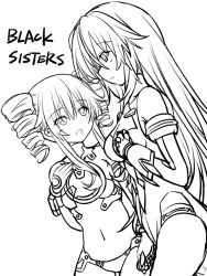 Rule 34 | 2girls, bare shoulders, black gloves, black heart (neptunia), black leotard, black sister, breasts, cleavage, commentary request, drill hair, elbow gloves, english text, flat chest, gloves, greyscale, hair between eyes, happy, joney, leotard, long hair, looking at another, looking at viewer, medium breasts, monochrome, multiple girls, navel, neptune (series), open mouth, power symbol, power symbol-shaped pupils, siblings, simple background, sisters, small breasts, smile, standing, symbol-shaped pupils, twin drills, twintails, white background