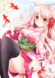 1girl animal_ears bad_id bad_pixiv_id black_thighhighs blonde_hair blush breasts brown_eyes detached_sleeves female_focus fish floral_print flower fox_ears fox_tail goldfish hair_flower hair_ornament japanese_clothes kimono large_breasts long_hair looking_at_viewer nanase_kureha nanase_nao obi original sash sideboob solo tail thighhighs upskirt very_long_hair zettai_ryouiki