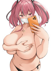 Rule 34 | 1girl, absurdres, azur lane, bikini, bikini bottom only, black bikini, black panties, black ribbon, blush, breast hold, breasts, bremerton (azur lane), cellphone, collarbone, covering privates, covering breasts, cowboy shot, deep skin, hair between eyes, hair ribbon, hand up, hands on own chest, head tilt, heart, heart necklace, highres, holding, holding phone, huge breasts, jewelry, long hair, mask, mole, mole under eye, mouth mask, multicolored hair, navel, necklace, neneneji, panties, phone, pink eyes, pink hair, plump, ribbon, selfie, sidelocks, simple background, skindentation, smartphone, solo, standing, streaked hair, swimsuit, topless, twintails, underwear, white background