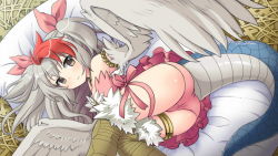 Rule 34 | 1girl, armlet, artist request, ass, bird legs, bow, dress, feathered wings, feathers, frown, game cg, grey eyes, grey hair, hair bow, harpy, kuune (monster musume), lizard tail, long hair, looking at viewer, lying, monster girl, monster musume no iru nichijou, monster musume no iru nichijou online, multicolored hair, official art, on side, panties, pink bow, pink dress, pink panties, red hair, solo, straw (stalk), tail, thighlet, two-tone hair, underwear, white feathers, white wings, winged arms, wings