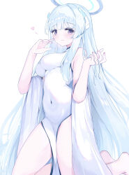 Rule 34 | 1girl, absurdres, bare arms, barefoot, blue archive, blue hair, blunt bangs, breasts, commentary request, covered navel, dress, halo, heart, highres, impossible clothes, impossible dress, kneeling, long hair, looking at viewer, medium breasts, noa (blue archive), one-piece swimsuit, purple eyes, sidelocks, simple background, smile, solo, swimsuit, torabera, very long hair, white background, white dress, white one-piece swimsuit