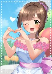 Rule 34 | 1girl, :3, ;d, back bow, balloon, blunt bangs, blurry, blurry background, blush, bow, brown hair, cup, day, dress, dress flower, drinking glass, earrings, fang, flower, green eyes, hair bun, hair flower, hair ornament, heart, heart hands, highres, idolmaster, idolmaster cinderella girls, jewelry, looking at viewer, maekawa miku, necklace, off-shoulder dress, off shoulder, one eye closed, open mouth, outdoors, rose, sash, sky, smile, solo, swepot