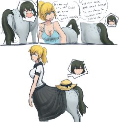 1girl 2girls anus artist_name ass black_hair blonde_hair blue_eyes breasts centaur cleavage crying hat highres monster_girl multiple_girls ponytail pussy sun_hat tank_top taur transformation what xxxx52