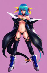 Rule 34 | 1girl, :o, arc system works, bare shoulders, black thighhighs, blue hair, bow, breasts, choker, dizzy (guilty gear), full body, guilty gear, hair ribbon, kara (color), legs apart, long hair, navel, open mouth, purple background, red eyes, ribbon, simple background, solo, standing, tail, tail bow, tail ornament, thighhighs, underboob, very long hair, yellow bow, yellow ribbon