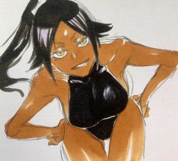 Rule 34 | 1girl, alternate costume, bare arms, bare shoulders, bent over, black leotard, bleach, breasts, curvy, dark skin, hands on own hips, highleg, highleg leotard, highres, large breasts, leotard, long hair, looking at viewer, naughty face, official alternate costume, ponytail, shihouin yoruichi, smile, wide hips, yellow eyes