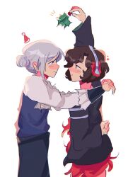 Rule 34 | 2girls, arms around neck, black jacket, blue vest, blush, brown hair, closed mouth, commentary, dress, english commentary, eye contact, from side, grey hair, hair bun, hat, headdress, heart, highres, holding holly, holly, jacket, long sleeves, looking at another, multiple girls, red dress, reverse:1999, roseiid, santa hat, schneider (reverse:1999), shirt, short hair, simple background, smile, vertin (reverse:1999), vest, white background, white shirt, yuri
