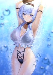 Rule 34 | 1girl, absurdres, air bubble, arm strap, armpits, arms up, azur lane, black choker, black hairband, black one-piece swimsuit, blush, breasts, bubble, casual one-piece swimsuit, choker, cleavage, collarbone, cowboy shot, crop top, expressionless, hairband, highleg, highleg swimsuit, highres, large breasts, lordol, navel, one-piece swimsuit, parted lips, purple eyes, reno (azur lane), see-through, shirt, short hair, silver hair, sleeves past wrists, solo, stomach, submerged, swimsuit, swimsuit under clothes, underwater, white shirt