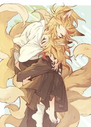 Rule 34 | 2boys, absurdres, animal ears, barefoot, black hakama, blonde hair, carrying, carrying person, closed eyes, colored tips, commentary request, forked eyebrows, fox boy, fox ears, fox tail, hakama, highres, hug, japanese clothes, kemonomimi mode, kimetsu no yaiba, kimono, large tail, long hair, long sleeves, male focus, meremero, multicolored hair, multiple boys, multiple tails, red hair, rengoku kyoujurou, rengoku senjurou, socks, standing, tail, translation request, white socks, wide sleeves