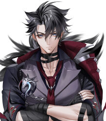 Rule 34 | 1boy, bandaged neck, bandages, black gloves, black hair, blue eyes, closed mouth, collared shirt, crossed arms, ear piercing, fingerless gloves, genshin impact, gloves, grey hair, hair between eyes, highres, jewelry, looking at viewer, male focus, multicolored hair, neckite, necktie, piercing, pottsness, red necktie, scar, scar on face, scar on neck, shirt, simple background, solo, upper body, vest, white background, wriothesley (genshin impact)