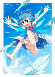 Rule 34 | 1girl, :d, arms up, barefoot, blush, cirno, danmaku, feet, foreshortening, jumping, massala, open mouth, outstretched arms, smile, soles, solo, toes, touhou, wings