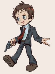 1boy adachi_tooru belt belt_buckle black_pants black_suit blue_eyes brown_belt brown_footwear buckle collared_shirt commentary english_commentary formal_clothes full_body gun handgun holding holding_gun holding_weapon jacket lapels layered_sleeves long_sleeves looking_to_the_side male_focus necktie open_clothes open_jacket open_mouth outstretched_arms pants persona persona_4 red_necktie revolver sam_(kyaptainkiddo) shirt shirt_tucked_in sideways_glance simple_background solo suit suit_jacket tongue weapon white_background white_shirt wing_collar