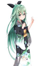 Rule 34 | 1girl, absurdres, bad id, bad twitter id, black kimono, black ribbon, blurry, commentary request, depth of field, floral print, green eyes, green hair, hair between eyes, hair ornament, hair ribbon, hairclip, hand on own chest, highres, japanese clothes, kantai collection, kimono, long hair, morning, numarinko, ocean, official alternate costume, outdoors, parted bangs, ponytail, ribbon, sidelocks, simple background, solo, sunrise, v, white background, yamakaze (kancolle)