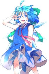 Rule 34 | 1girl, adapted costume, ahoge, blue dress, blue eyes, blue hair, bow, cirno, dress, flat chest, hair bow, ice, ice wings, matching hair/eyes, open mouth, ribbon, sanuki (zigzagflamberge), short hair, smile, solo, touhou, v over eye, wings