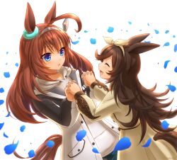 Rule 34 | 2girls, :o, ahoge, animal ears, black hair, brown dress, brown ribbon, casual, closed eyes, dress, ear ornament, facing another, grey hairband, hair ornament, hair ribbon, hairband, highres, holding hands, hood, hood down, hoodie, horse ears, horse girl, horse tail, interlocked fingers, jacket, long hair, long sleeves, looking at another, mihono bourbon (umamusume), multiple girls, open clothes, open jacket, open mouth, petals, ribbon, rice shower (umamusume), roppaku, smile, standing, tail, umamusume, white background, white hoodie, white jacket