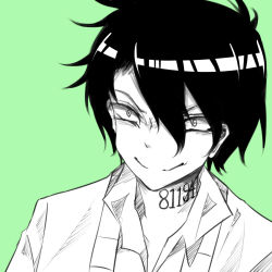 Rule 34 | 1boy, black hair, grin, hair over one eye, highres, looking at viewer, monochrome, ray (yakusoku no neverland), simple background, smile, yakusoku no neverland