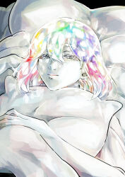 Rule 34 | 1other, androgynous, bob cut, crystal hair, diamond (houseki no kuni), eyelashes, half-closed eyes, highres, houseki no kuni, hugging object, looking at viewer, lying, multicolored hair, on back, on bed, other focus, pillow, pillow hug, rainbow hair, short hair, smile, solo, sparkle, tezo (mokka mk), upper body