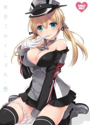 Rule 34 | 10s, 1girl, blonde hair, blue eyes, breasts, cleavage, gloves, hat, kantai collection, large breasts, long hair, md5 mismatch, panties, panties around leg, peaked cap, prinz eugen (kancolle), saeki hokuto, smile, solo, twintails, underwear, uniform